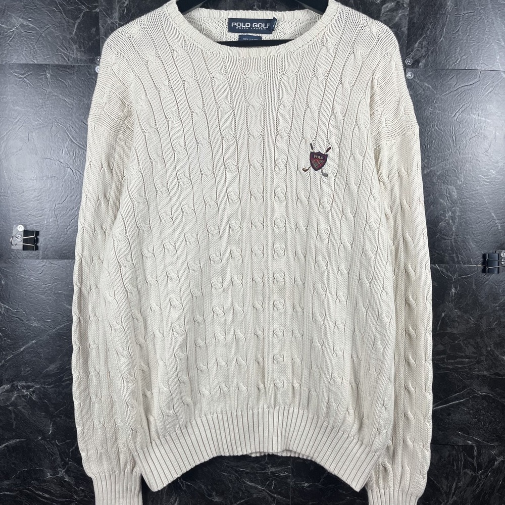 Polo Ralph Lauren Men's White Golf Crest Cable Knit Sweater Large